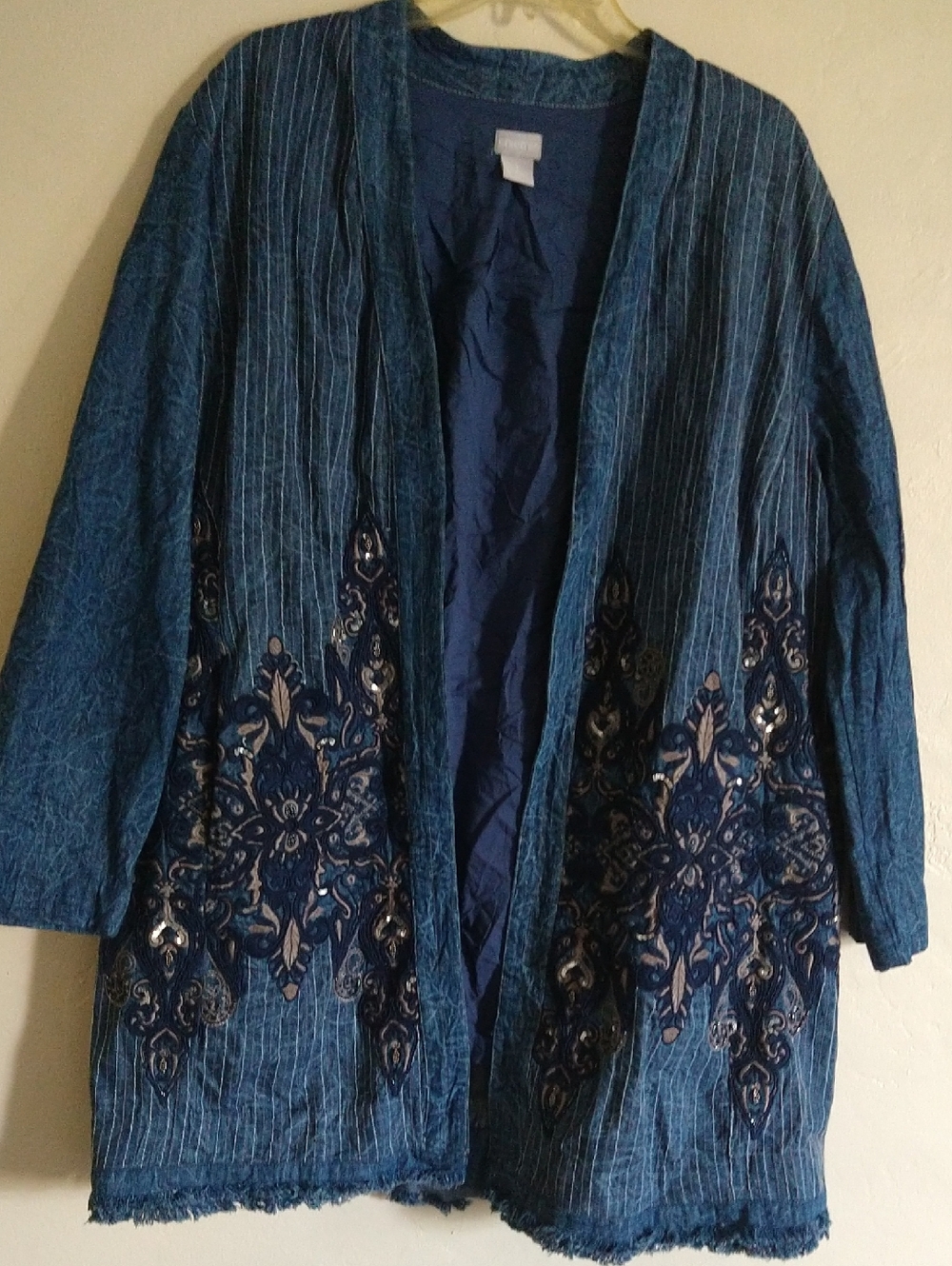 Chicos Blue Embroidered Oversized Open Front Jacket Size L/XL
